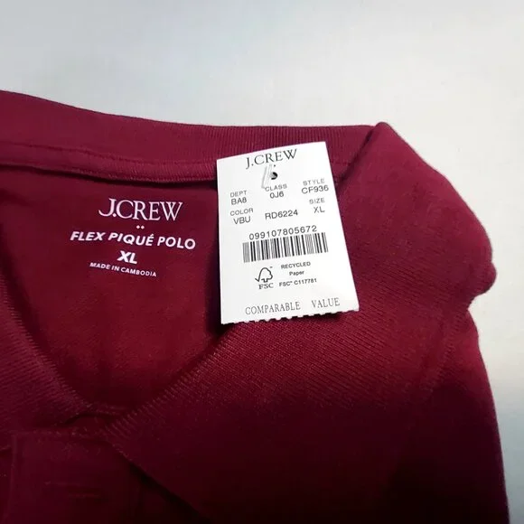 J.Crew Mens Flex Piqué Polo Shirt XL Burgundy Cotton Blend Made In Cambodia - Picture 8 of 12
